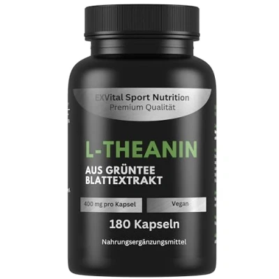Obrázek EXVital® L theanin, 180 veganských kapslí, 400 mg theaninu v kapsli, ze zeleného čaje z listového extraktu, theanin aminokyselina, veganský a bez přísad, laboratorně testováno