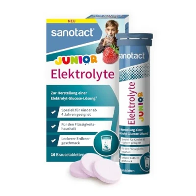 Obrázek sanotact elektrolyty Junior (16 sprchových tablet) pro děti při průjmu, horku, Na cestách podporu rovnováhy tekutin příchuť jahod