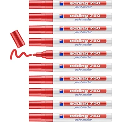 Obrázek edding 750 lakový popisovač červený 10 tužek kulatý hrot 24 mm laková tužka pro značení a popisování kovu, skla, kamene nebo plastu žáruvzdorná, permanentní, odolná proti rozmazání vodě