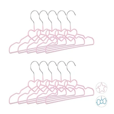 Obrázek Relaxdays dětské ramínko na šaty srdce sada 10 kusů, drátěné nožičky, dekorativní a prostorově úsporné, PVC, kov, 30 cm, růžové
