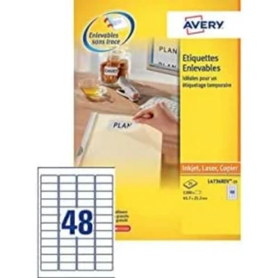 Obrázek AVERY Packung mit 25 selbstklebenden und wiederablösbaren Etiketten, anpassbar bedruckbar, Format 210 x 297 mm, Laser /Tintenstrahldruck (L4735REV 25)