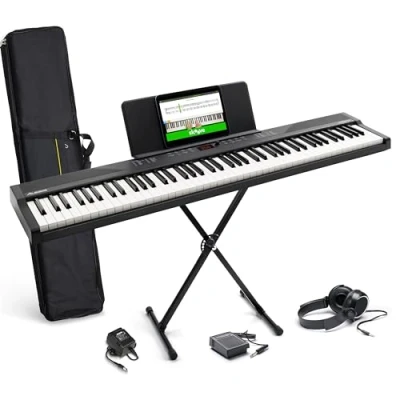 Obrázek Alesis Klávesnice E Piano s 88 tlačítky, 480 zvuků, reproduktory, USB MIDI, taška, stojan, sluchátka, pedál a klavírní lekce pro začátečníky