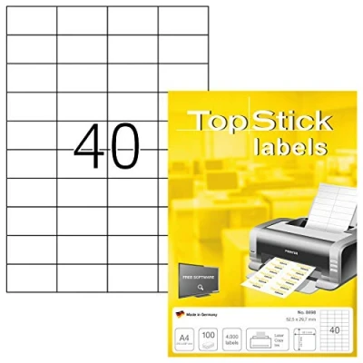 Obrázek TopStick 8698 univerzální etikety, 100 listů, 52,5 x 29,7 mm, 40 na arch A4, 4000 kusů, samolepicí, s možností potisku, matné, prázdné papírové lepicí bílé