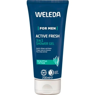 Obrázek WELEDA Bio For Men 3v1 sprchový gel &amp; šampon ACTIVE FRESH veganský Přírodní kosmetika pánské sprchové mýdlo péče o vlasy s eukalyptem a vetiver vůní. sprcha pro čištění pokožky vlasů