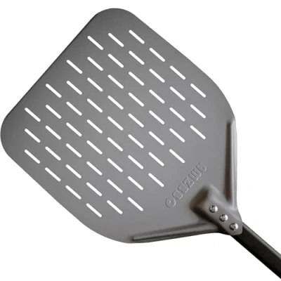 Obrázek AMZBBQ® Prémiová lopata na pizzu 35 x 71 cm, perforovaná lopatka z tvrdého eloxovaného hliníku pro snadné klouzání pizza kámen příslušenství ke grilu dárek muže