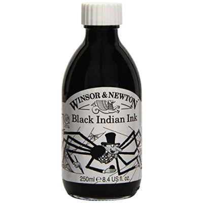 Obrázek Winsor &amp; Newton 1040030 Drawing Inks kreslicí tuš pro kaligrafie, ilustrátory, grafiky, umělce voděodolné barvy, vynikající průhlednost, láhev 250 ml černá