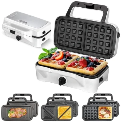 Obrázek MPM MOP 33M 3 in 1 Sandwichmaker, Austauschbare Platten, Sandwichtoaster, Belgisches Waffeleisen, Grillplatte, Kontaktgrill für Fleisch und Fisch, Temperaturregelung, 1200W, Weiß