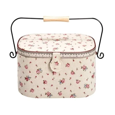 Obrázek Prym 612141 košík na šicí potřeby Country Rose s rukojetí, len/kov/dřevo, barva slonoviny, L