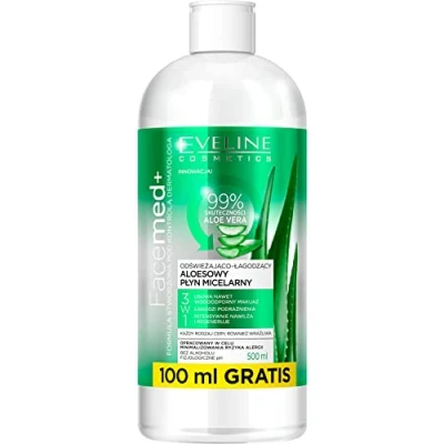 Obrázek Eveline Cosmetics Facemed+ osvěžující uklidňující aloe micelární voda 3 v 1 odstraňuje vodotěsný make up, zklidňuje podráždění, hloubkové zvlhčení a regeneraci, 500 ml
