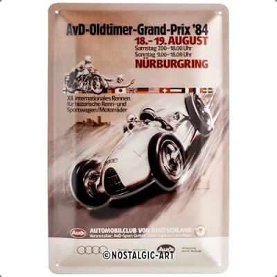 Obrázek Tvarovaný plechový štítek Audi AVD pro Oldtimer Grand Prix &#039;84 20 x 30 cm reklama retro plech 292