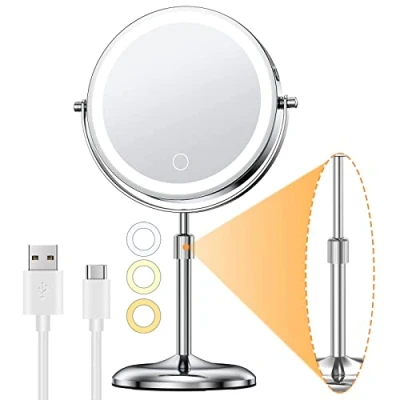 Obrázek Gospire Wiederaufladbar Kosmetikspiegel mit Licht, 1X/10X Vergrößerung, 3 Farben Dimmable &amp; Höhenverstellbar 7&quot; Schminkspiegel, 360Schwenkbar Doppelseitiger LED Make up Spiegel, Chrom