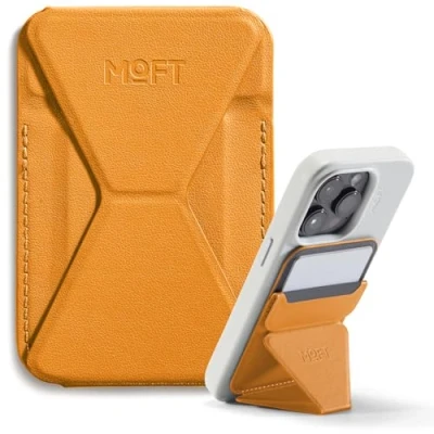 Obrázek MOFT Magnetická peněženka stojan pro iPhone 16/15/14/13/12 série kompatibilní s MagSafe, MOVAS Vegan kožený magnetický na mobilní telefon se 3 pozorovacími úhly, 2 držáky karty (oranžový)