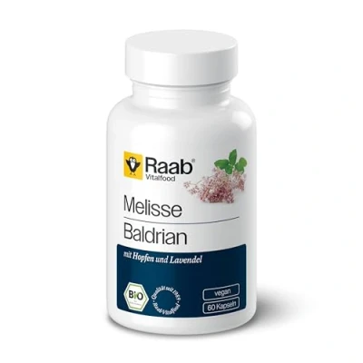 Obrázek Raab Vitalfood Bio melissa kozlík lékařský s extraktem z chmele, veganský, bez lepku, přírodní vitamín C, 28,8 gramu