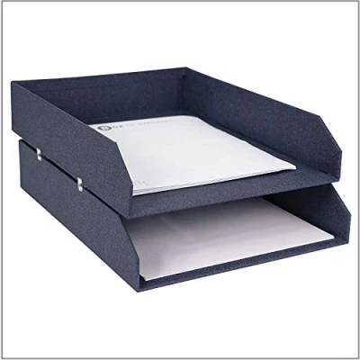Obrázek Bigso Box of Sweden Hakan 2er Set Briefablage für den Schreibtisch stapelbare Ablagefächer Briefe, Dokumente usw, Ordnungssystem aus Faserplatte mit Papier in Leinenoptik blau