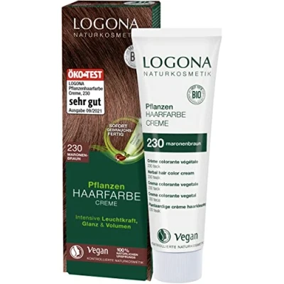 Obrázek LOGONA Naturkosmetik Rostlinná barva na vlasy krémová 230 maronově hnědá, hnědá přírodní s hennou, veganský barevný krém pro trvalé barvení, šetrné barvení lesklé vlasy, 150 ml