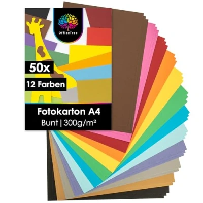 Obrázek OfficeTree 60 x karton pro kutily A4 300 g 12 barev barevný lepenkový ruční práce fotokarton
