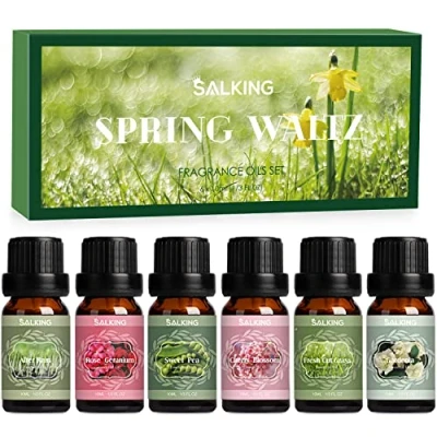 Obrázek SALKING Jarní sada éterických olejů, 6 x 10 mL 100% vonný olej pro aromaterapii, zvlhčovač vzduchu, masáže, po dešti, čerstvě řezaná tráva, korýšek, pelargónie, třešňový květ, gardénie