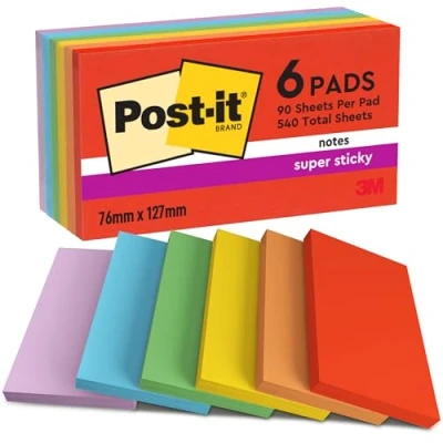 Obrázek Post it Super Sticky Notes Playful Collection, balení se 6 bloky, 90 listů na blok, 76 mm x 127 mm, červená, oranžová, žlutá, zelená, modrá, fialová extra silně lepicí poznámkový blok pro seznamy