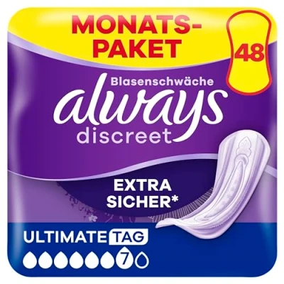 Obrázek Always Discreet Inkontinenční vložky Ultimate Day, 48 obvazů (4 x 12 kusů) pro dámy, měsíční balíček, silná ochrana při slabosti močového měchýře, kterou sotva pocítíte