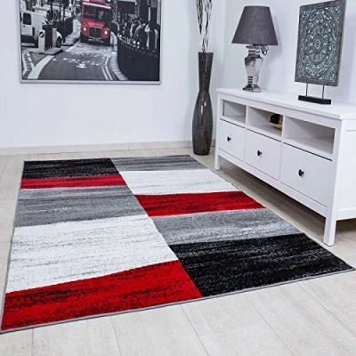 Obrázek VIMODA Koberec geometrická dlaždice vzor melírovaný kostkovaný v červené, šedé, bílé a černé, rozměry: 80 x 150 cm