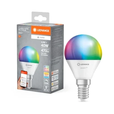 Obrázek LEDVANCE Smart matná LED lampa, kompatibilní s Google, Alexa, Apple, bílý vzhled mrazu, 4,9 W, 470 lm, E14, barevné světlo a bílé světlo, ovládání aplikací nebo hlasem, životnost až 20 000 hodin,
