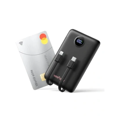 Obrázek WeeFancy powerbanka 10 000 mAh, malá PD 22,5 W mini s integrovanými kabely, USB C, externí baterie pro mobilní telefony, 3 výstupy a vstupy kompatibilní iPhone/Samsung/Huawei
