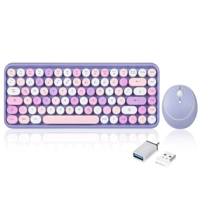 Obrázek Perixx PERIDUO 713PP bezdrátová mini klávesnice a kombinace myši retro kulaté klávesové krytky pastelová fialová šeříková německé rozložení QWERTZ