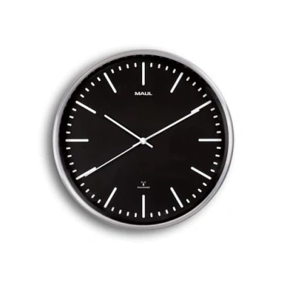 Obrázek Maul nástěnné hodiny MAULfly Ø 30 cm z minerálního skla automatické nastavení času úzký rám hliníku v moderním designu do kanceláře, domácí kanceláře a obytného prostoru