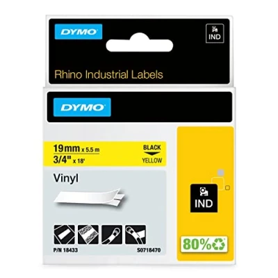 Obrázek DYMO Průmyslové vinylové etikety Rhino 19 mm x 5,5 m černé na žluté samolepicí páska pro popisovací zařízení a LabelManager