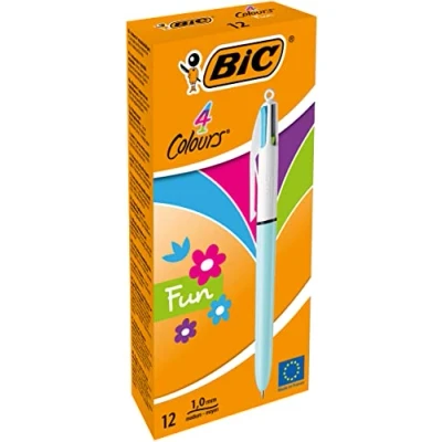 Obrázek BIC Kuličkové pero 4 barvy, sada barev, pastelově modrá, balení po 12 ks, ideální do kanceláře, domácí kanceláře nebo školy