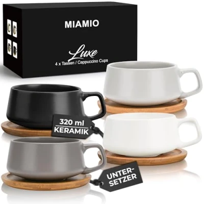 Obrázek MIAMIO 4 x 320 ml Kaffeetassen/Cappuccino Tassen mit Unterteller/elegant/modern/Kaffeebecher aus Steingut Luxe Kollektion 4er Set (Klassisches Pastell)