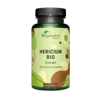 Obrázek BIO HERICIUM ERINACEUS kapsle Vegavero® 50% POLYSACCHARIDE 500 mg lví hřívy houbový extrakt odpovídá min. 7500 prášku Hericia laboratorně testováno bez přísad 60 kapslí veganské