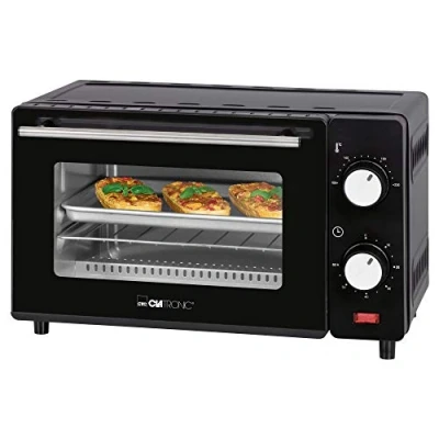 Obrázek Clatronic® Mini trouba 8 litrů pečicí prostor 2 variabilní výšky křemenné topné prvky horní a spodní ohřev 100 C 230 vč. grilovacího roštu, plechu, kleští MB 3746, černá