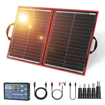 Obrázek DOKIO 100 W, 18 V, skládací solární moduly, monokrystalické se solárním regulátorem (LCD displej + 2 USB výstupy) pro 12V baterie, AGM, gelové kyselé generátory