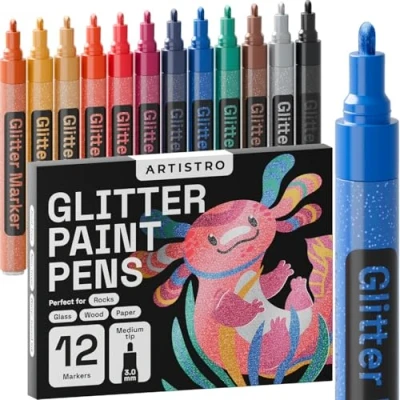 Obrázek Artistro 12 Glitzer Farbstifte, funkelnd und glänzend, zum Bemalen von Steinen, Stein, Keramik, Glas, Holz, Stoff, Scrapbooking, Basteln, Ausmalen, Acryl Glitzermarker, mittlere Spitze 3,0 mm