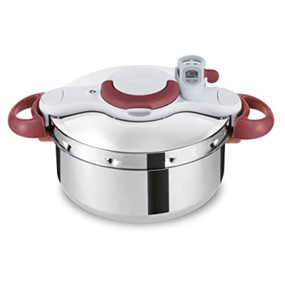Obrázek Tefal Tlakový hrnec Clipso Minut&#039; Perfect indukční 6 l, parní s košíkem na vaření a časovačem, 37,4 x 28,5 24,6 cm, ušlechtilá ocel/bílá/červená, P46207
