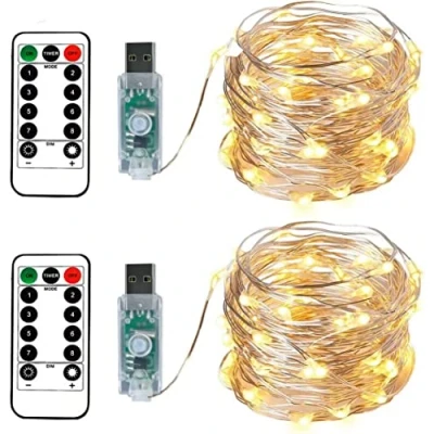 Obrázek BXROIU 2 x 100 LED světelný řetěz USB 10 metrů stříbrný drát s dálkovým ovládáním časovač 8 programů a stmívání (teplá bílá),