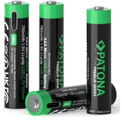 Obrázek PATONA AAA Micro akumulátory USB C vstup (4 ks V balení), 1,5 / 750 mWh, 500 mAh, nabíjecí přes (100 mA), kabel se 2 přípojkami 1409