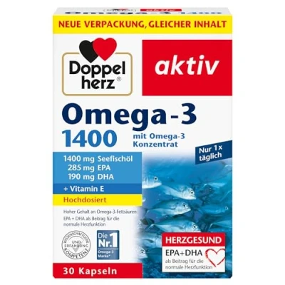 Obrázek Doppelherz omega 3 1400 vysoce koncentrovaný koncentrát plus vitamin E vysoký obsah mastných kyselin EPA a DHA 30 kapslí
