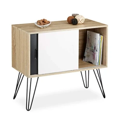 Obrázek Relaxdays Sideboard Retro, komoda s posuvnými dveřmi, příborník ze dřeva a kovu, v x š h: 70 80 40 cm, černobílá
