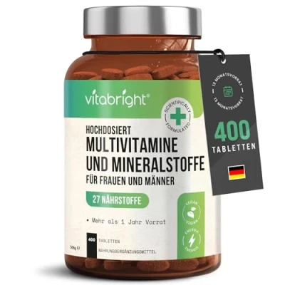 Obrázek Multivitamínové tablety vysoké dávky 400, 13 měsíců vitamíny, minerály a doplňky Z vitamíny minerály, doplněk stravy pro ženy/muže, VitaBright Veganský multivitamínový komplex
