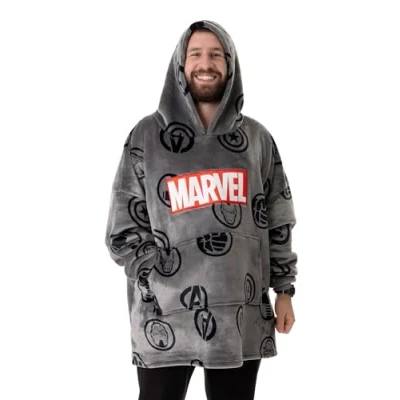 Obrázek Marvel Pánská přenosná přikrývka Hoodie Pulovr pro dospělé s charakterem a celoplošným potiskem Jednotná velikost Sherpa vycpaná mikina kapucí, Grey Avengers