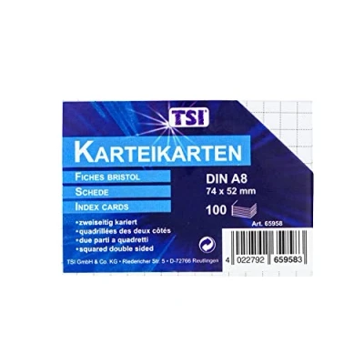 Obrázek TSI 65958 kartotéční lístky DIN A8 (74 x 52 mm), balení 100 ks, oboustranně čtverečkované, barva bílá