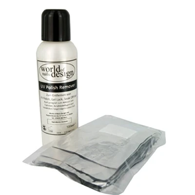 Obrázek World Of Nails pro Design UV Polish Remover, Soak Off Gel odstraňovač 100 ml Plus 50 Wraps/Pads, balení 1 ks