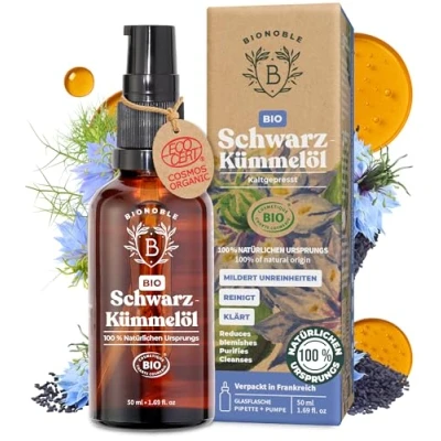 Obrázek Bionoble olej z černého kmínu bio 50 ml skleněná láhev + pipeta pumpa 100% lisovaný za studena nefiltrovaný obličej, tělo, vlasy egyptský Vegan Organic Black Seed