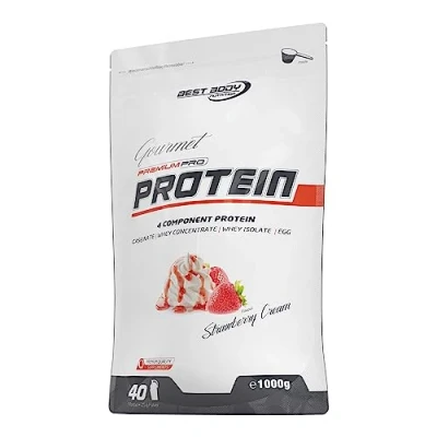 Obrázek Best Body Nutrition Gourmet Premium Pro Protein, Strawberry Cream, 4komponentní proteinový koktejl: Caseinat, Whey koncentrát, Isolat, Eiprotein, 1 kg Zipp sáček