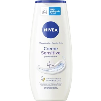 Obrázek NIVEA Creme Sensitive sprchový gel, pH neutrální gel s výtažkem z heřmánku, hydratační krémový pro citlivou pokožku bez mýdla (250 ml)