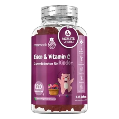 Obrázek Železo a vitamín C pro děti 120 veganských gumových medvídků 7 mg železa 10 vitaminu 4 měsíce zásoba s příchutí bobulí energie, imunitní systém, kosti zuby (EFSA) maxmedix