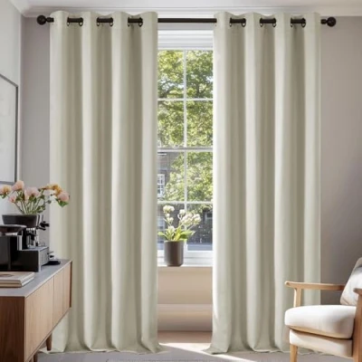 Obrázek Deconovo Zatemňovací závěsy, tepelně izolované, odolné proti chladu, závěsy do obývacího pokoje a ložnice, moderní design s očky, 107 x 242 cm (šířka výška), světle béžová, 2 kusy