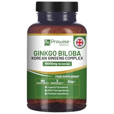Obrázek Ginkgo Biloba a korejský ženšen tablety 8000 mg 180 veganských tablet 6000 kořen ženšenu 2000 Velká Británie vyrábí Prowise Healthcare